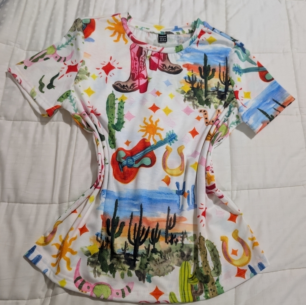 SHEIN Coastal Cowgirl Colorful Western Desert Scene Tee